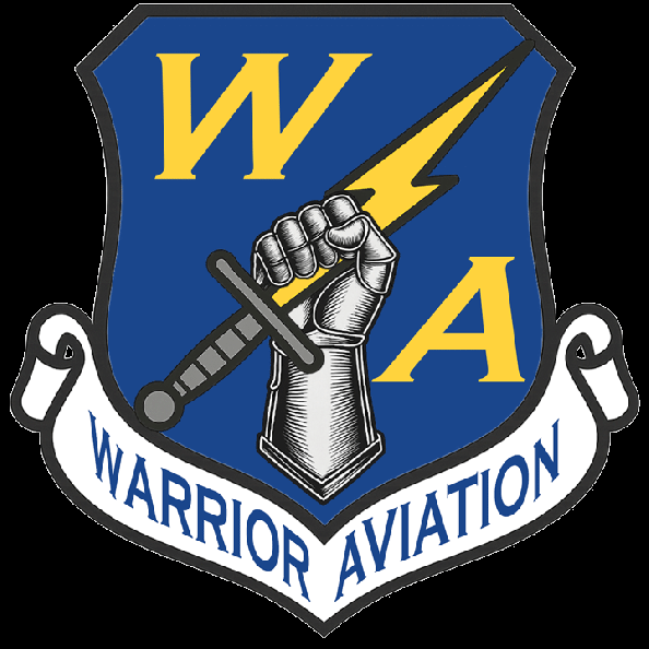 Image of business crest for Warrior Aviation with yellow letters W and A separated by an armored fist holding a lighting bolt sword on a blue shild shapd field with a white scroll bearing Warrior Aviation beneath
